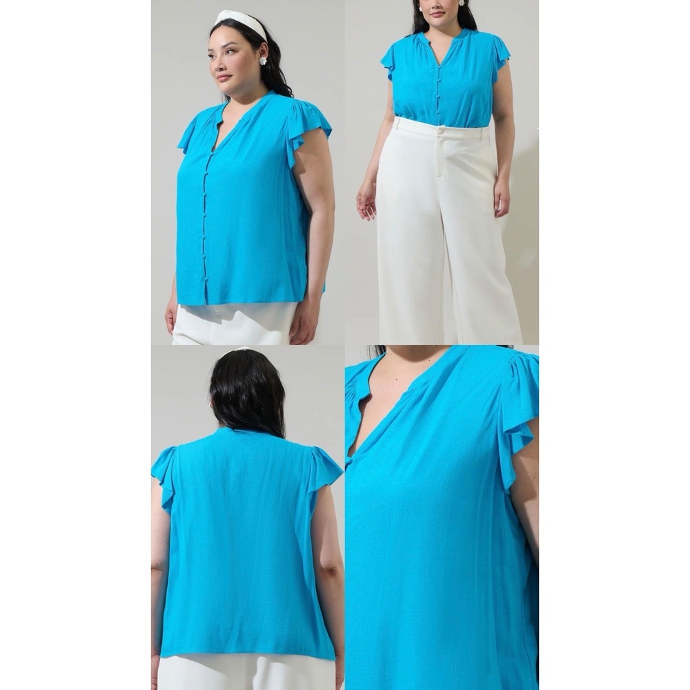 Sugarlips Blouse Top Womens 2X Cerulean Blue Everly Split Neck Curve Lined NWT